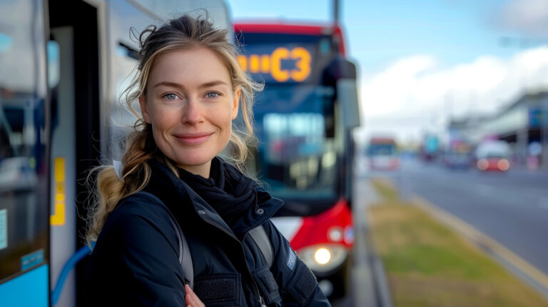A imagem mostra uma mulher motorista em frente a um ônibus.